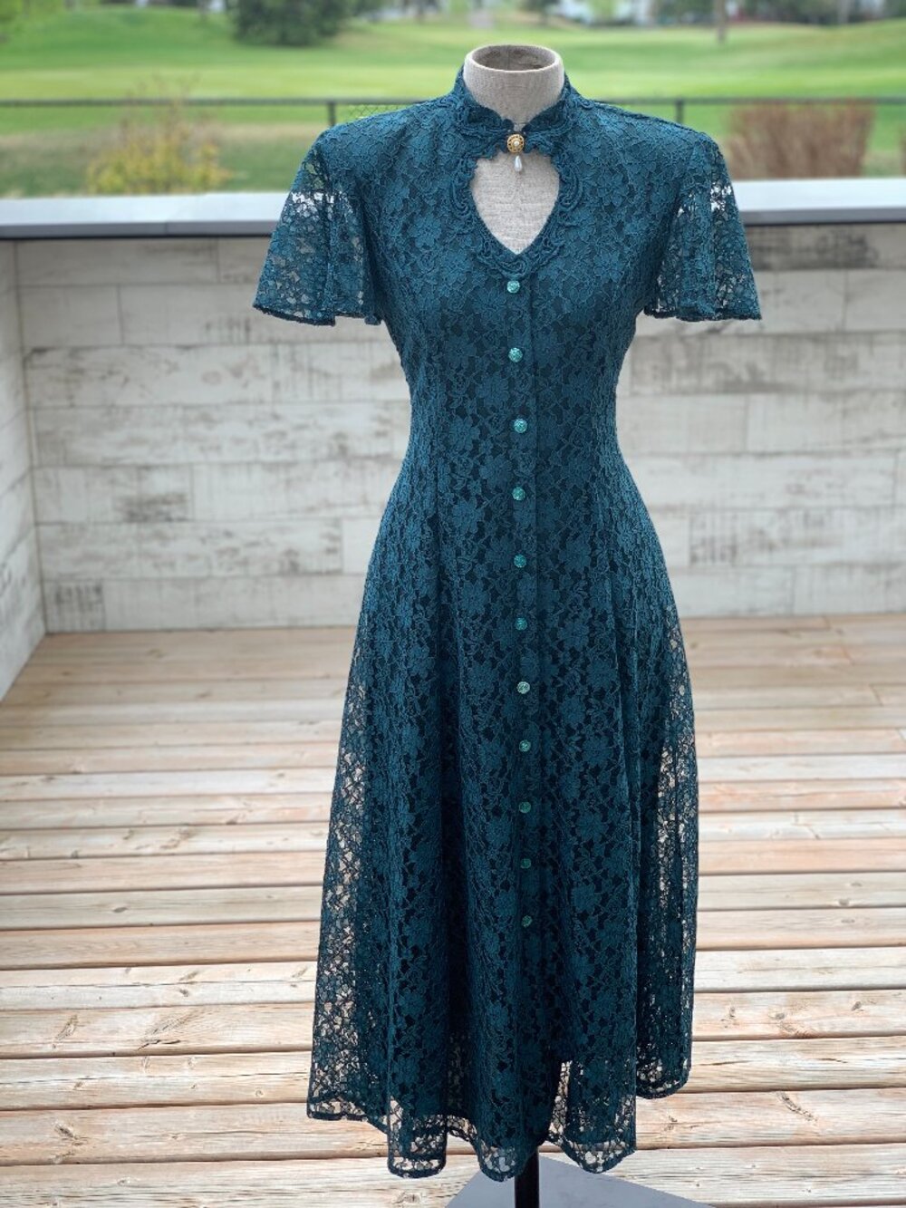 Vintage Swing Circle Dress Aqua Sheer Lace Fit Flare Keyhole Neck 50s Rockabilly